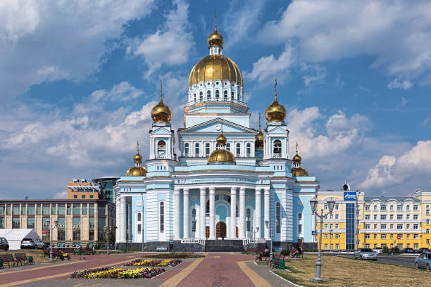 Cathedral of St. Theodore Ushakov in Saransk, Russia Saransk, Russia - August 16, 2018: Cathedral of St. Theodore Ushakov. The cathedral was built in 2002-2006 and consecrated on August 6, 2006. It is named for Russian saint and admiral Fyodor Ushakov. Russian text on the frieze above the entrance reads: Cathedral of the Holy Righteous Warrior Theodore Ushakov. mordovia stock pictures, royalty-free photos & images