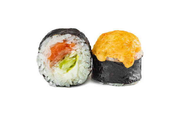istock japanese baked sushi rolls with salmon on a white background 1335085037