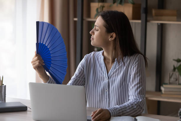 istock Unwell woman work at computer wave with hand fan 1335085245