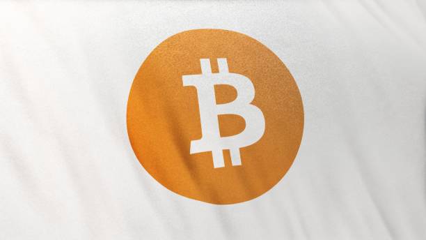 BTC Bitcoin Icon Logo on Full-Frame White Flag Banner Background