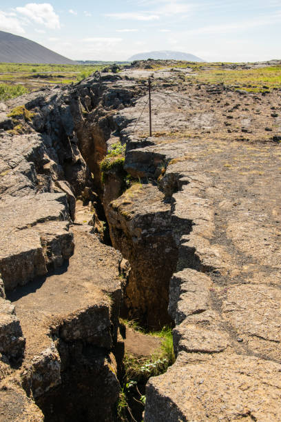 the fault zone above the grjotagja cave. this is where the american continental plate meets the eurasian plate. every year the plates drift apart about 2 -5 cm. - plate tectonics imagens e fotografias de stock