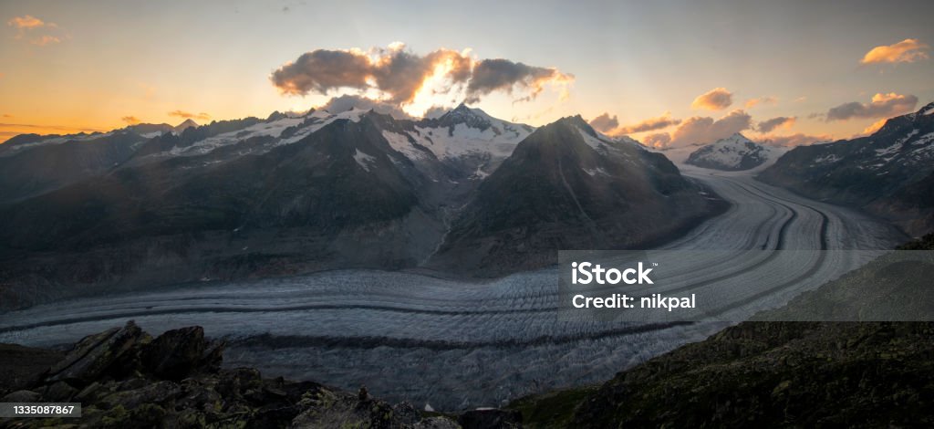 The Aletsch Glacier seen from the Eggishorn at sunset - Switzerland Aletsch Glacier Stock Photo
