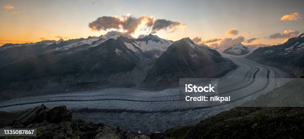 The Aletsch Glacier Seen From The Eggishorn At Sunset Switzerland Stock Photo - Download Image Now