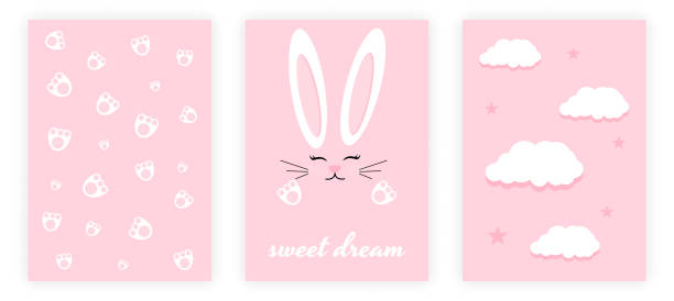 Posters with Bunny Posters with Bunny. Abstract poster with paws, hare and clouds on pink background. Design element for printing on fabric and decorating wall. Cartoon flat vector collection isolated on white backdroup bunny ear stock illustrations