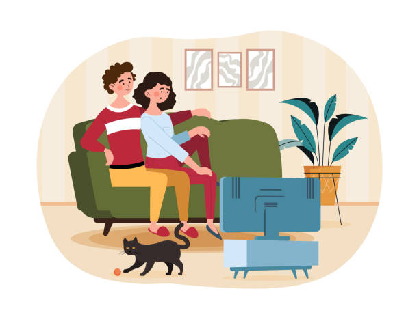 ilustraciones, imágenes clip art, dibujos animados e iconos de stock de pareja viendo la televisión - family sofa vector illustration and painting