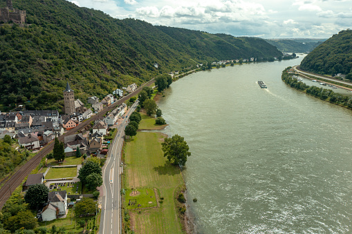 Aerial view of the Rhine Valley cultural landscape and the village  Wellmich