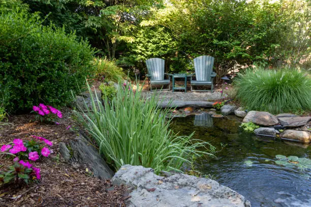 Photo of Landscape architecture for spring and summer garden with water feature