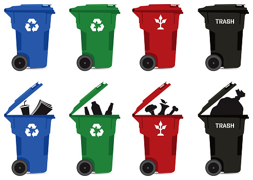 Close and full recycle organic and trash waste bin icon set illustration