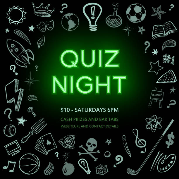 Quiz night poster Neon Quiz night  or pub quiz poster with sketches quiz night stock illustrations