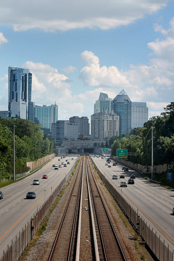 Buckhead skyline from 400, featuring highway and train tracks, Atlanta, Georgia￼