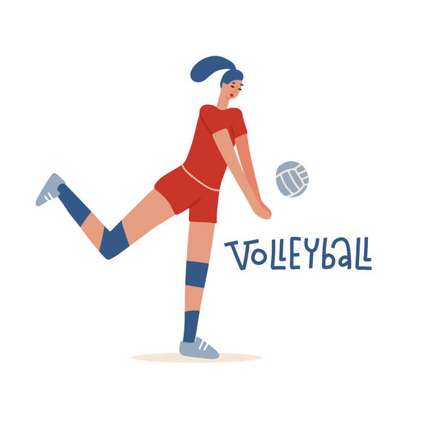 Female volley athlete character playing with ball. Volleyball player championship sport symbol illustration flat vector. Female volley athlete character playing with ball. Volleyball player championship sport symbol illustration flat vector volleyball ball volleying isolated stock illustrations