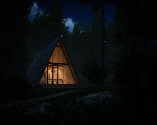 modern triangle forest house (notte) - house residential structure building exterior comfortable foto e immagini stock