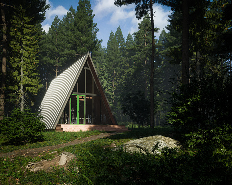 Digitally generated modern wooden triangle bungalow/house in the forest, on a sunny day.\n\nThe scene was created in Autodesk® 3ds Max 2022 with V-Ray 5 and rendered with photorealistic shaders and lighting in Chaos® Vantage with some post-production added.