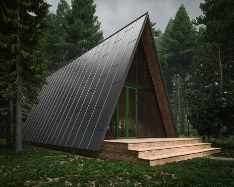 Digitally generated modern wooden triangle bungalow/house in the forest, on a cloudy day. \n\nThe scene was created in Autodesk® 3ds Max 2022 with V-Ray 5 and rendered with photorealistic shaders and lighting in Chaos® Vantage with some post-production added.