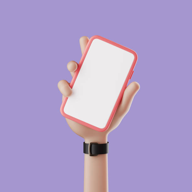 istock Cartoon hand holding smartphone with blank white screen over violet background. Simple 3d render illustration. 1335096649