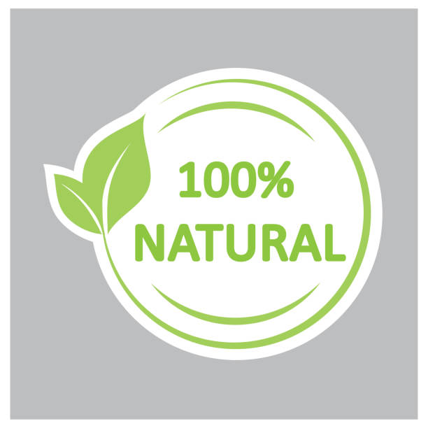 Circle with green leaf, a symbol for 100% natural products. Circle with green leaf, a symbol for 100% natural products. natural condition stock illustrations