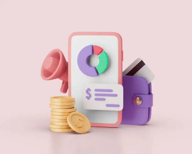 Photo of Financial report with circle chart, wallet, gramophone and coins on smartphone concept. Simple 3d render illustration