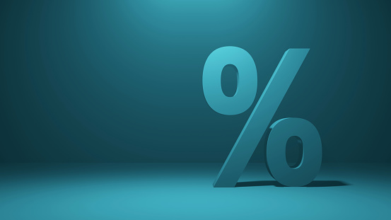 Percentage sign on the blue background with copy space