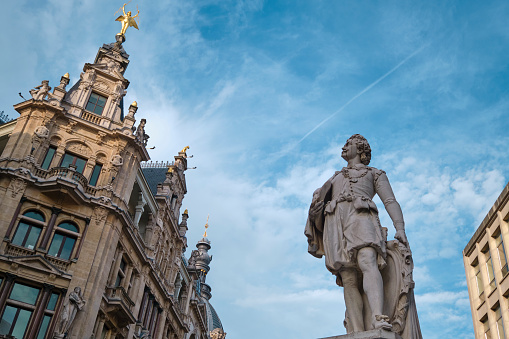 Anvers, Belgium - August 19, 2021: Anthony van Dyck statue from downtown Antwerp - Anvers, Belgium