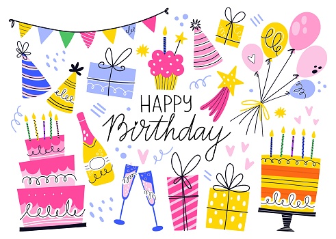 Birthday celebration hand drawn elements, vector illustration isolated on white background. Happy Birthday handwritten lettering. Balloons, cakes with candles, cupcakes, party hats.
