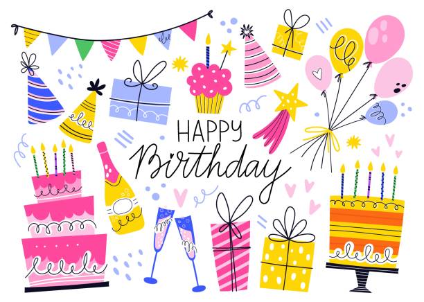 Birthday celebration hand drawn elements, vector illustration isolated on white background. Birthday celebration hand drawn elements, vector illustration isolated on white background. Happy Birthday handwritten lettering. Balloons, cakes with candles, cupcakes, party hats. birthday present stock illustrations