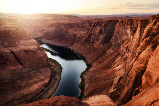 Low Water Level on Colorado River Drought conditions causing low levels in the Colorado River which supplies water to western USA and Mexico. page arizona stock pictures, royalty-free photos & images