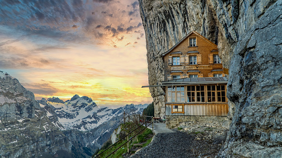Ebenalp, Switzerland - May 2017: Gasthaus Aescher in Ebenalp, an attractive recreation region for hiking, climbing, skiing and paragliding