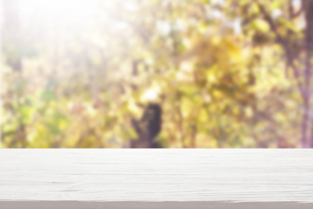 istock white wood table top on blur autumn forest background 1335124268