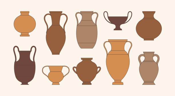 griechische vasen im trendigen minimalen linearen stil. vektorillustrationen verschiedener tongefäße - pottery stock-grafiken, -clipart, -cartoons und -symbole