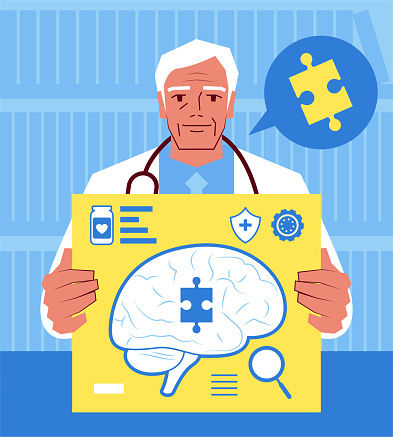 Healthcare and medicine characters vector art illustration.
One senior doctor shows the solution for Alzheimer's.