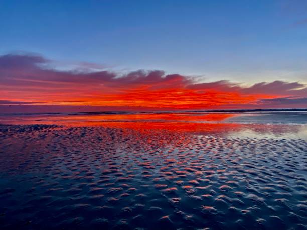 istock Red sunrise over low tide textured sand Florida 1335140940