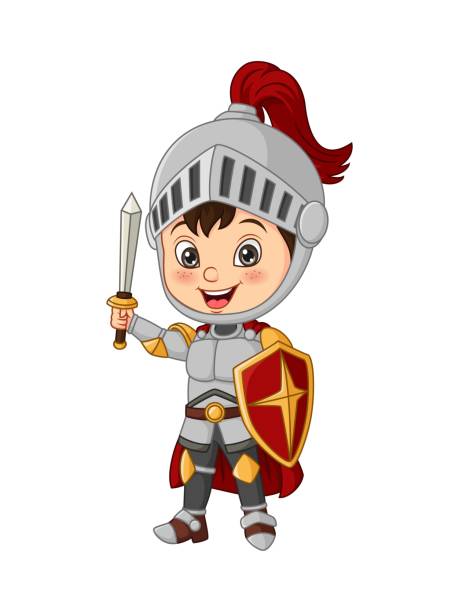 Cartoon knight boy holding sword and shield Vector illustration of Cartoon knight boy holding sword and shield roman army stock illustrations