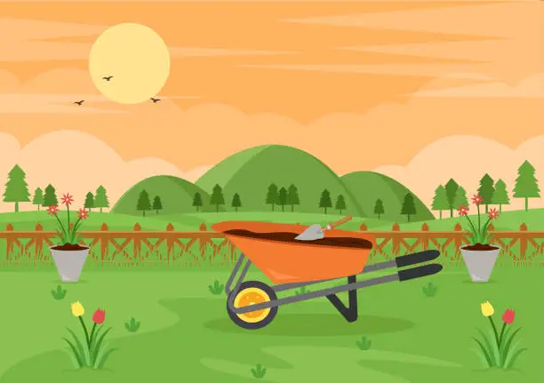 Vector illustration of Farm Gardener Background Vector Illustration With A Landscape Of Gardens, Flowers, Vegetables Planted, Wheelbarrow, Shovel And Equipment in Flat Design Style