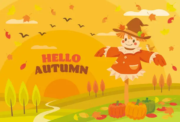 Vector illustration of Smiling Scarecrow standing on hills with pumpkin, Tree and Fallen Leaves.