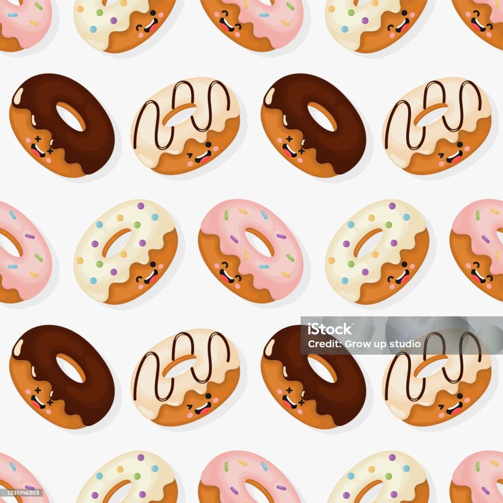 Kawaii Cute Pastel Donuts Sweet Summer Desserts With Funny Faces Cartoon  Seamless Pattern With Different Types On White Background For Cafe Or  Restaurant Illustration Vector Stock Illustration - Download Image Now -  iStock