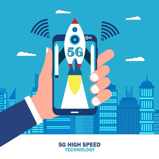 Vector illustration of 5G wireless network concept. Hand holding smartphone with rocket flying to the sky