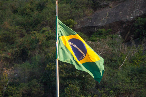 brazil flag outdoors on top of a building in Rio de Janeiro. stock photo