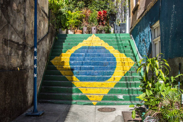 Brazil flag painted on a ladder on the hill of the Conception in the center of Rio de Janeiro Brazil. stock photo