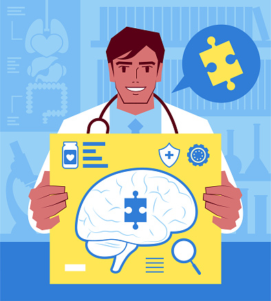 Healthcare and medicine characters vector art illustration.
One young doctor shows the solution for Alzheimer's.