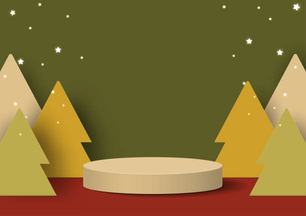 illustrazioni stock, clip art, cartoni animati e icone di tendenza di decorazione del podio circolare con sfondo invernale della scena. piattaforma scenica per display prodotto, spettacolo, vendita. arredamento astratto dello sfondo di natale con alberi di natale, stelle. concetto di vacanza.3d.illustrazione vettoriale. - christmas winter non urban scene snow