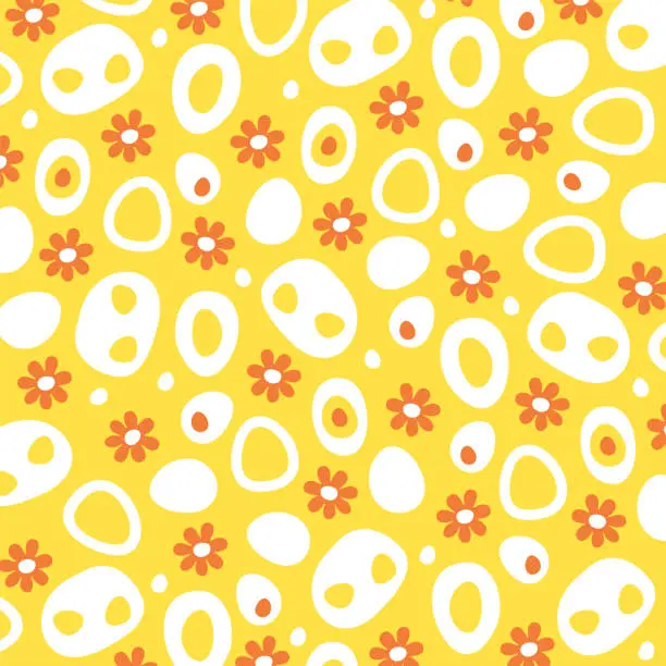 Vector illustration of Yellow floral pattern. Orange flowers and white ovals. Simple geometric shapes. Flat vector illustration.