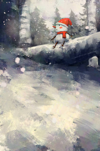 istock digital art painting set of snowman sitting on the fallen tree log, blank space. 1335156195