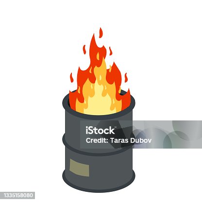 istock Burning barrel. Trash can and fire. Flat cartoon isolated on white 1335158080