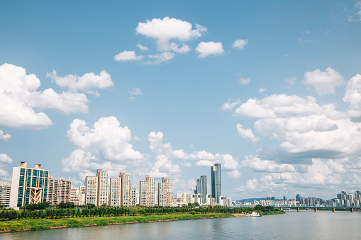 Han river park and modern buildings in Seoul, Korea