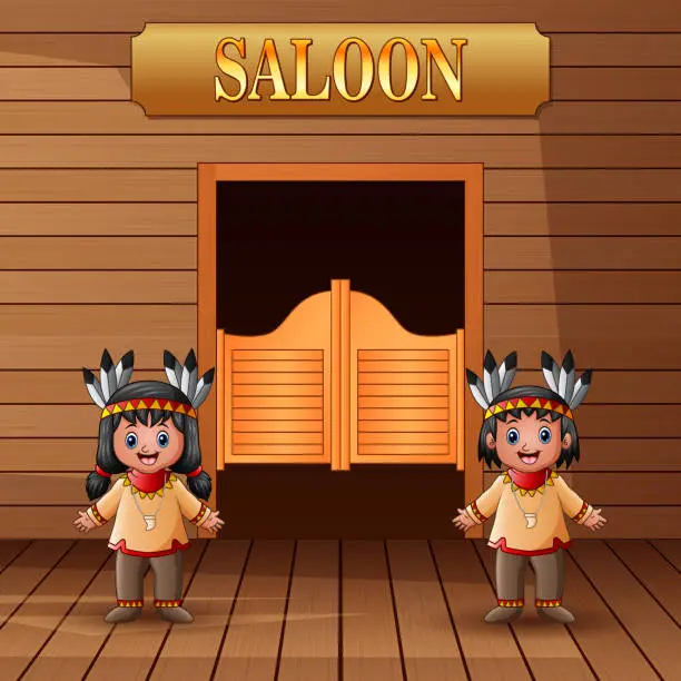 Vector illustration of Native Americans standing in front of the saloon entrance