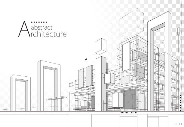 ilustraciones, imágenes clip art, dibujos animados e iconos de stock de dibujo de líneas de construcción de arquitectura abstracta. - sketch decor drawing architectural feature