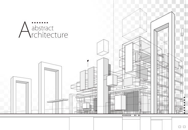 Abstract Architecture Building Line Drawing. 3D illustration linear drawing. Imagination architecture urban building design, architecture modern abstract background. diminishing perspective illustrations stock illustrations