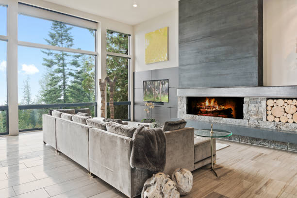 istock Modern luxury in great room with full glass window wall 1335166837