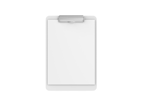 Portapapeles con maqueta de papel A4 sobre fondo blanco aislado, ilustración 3D photo