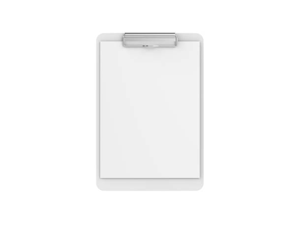 portapapeles con maqueta de papel a4 sobre fondo blanco aislado, ilustración 3d - tablilla con sujetapapeles fotografías e imágenes de stock